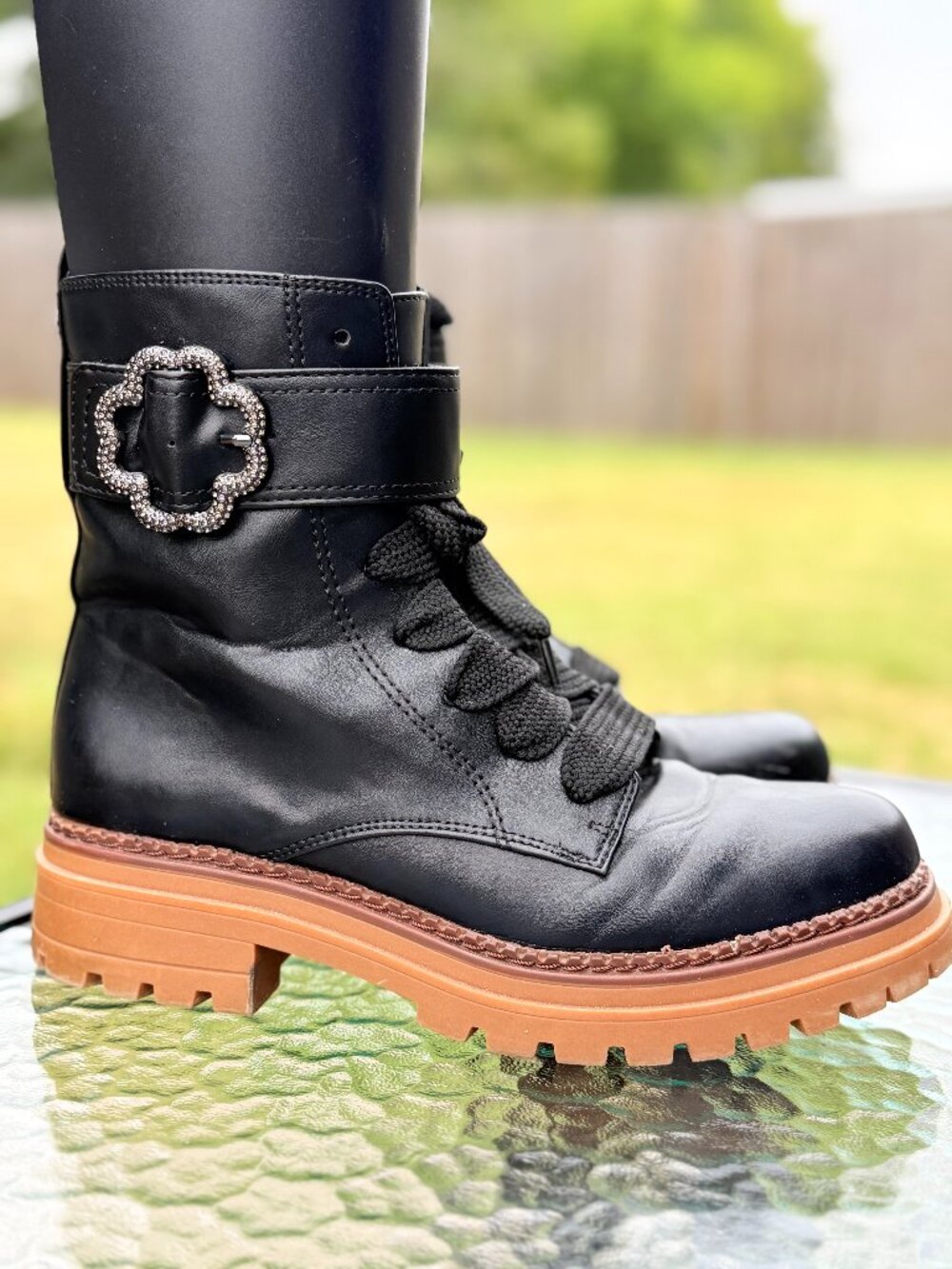 Sam & Libby Black Rhinestone Buckle Combat Boots Sz 9 Grunge Moto Y2K 4301